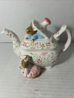 Whimsical Ceramic Mouse Teapot Figurine - White with Pink & Green Accents
